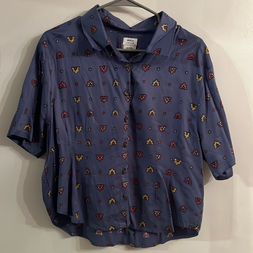 RVCA Blue Short-Sleeve Button-Up with Red and Yellow Motif